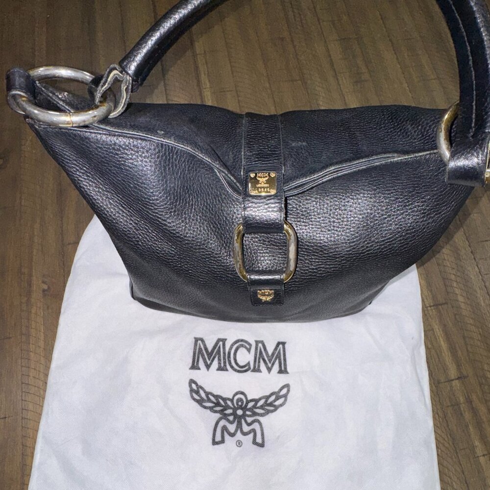 Vintage MCM Black Leather Large Shoulder Hobo Bag Minimalist + Dust Bag